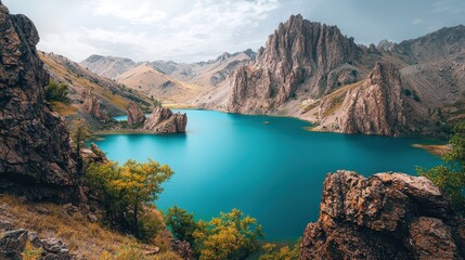 Naklejka premium a beautiful blue lake in the mountains 
