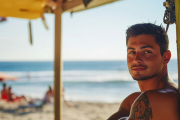 Lifeguard watching over bathers on a sunny beach