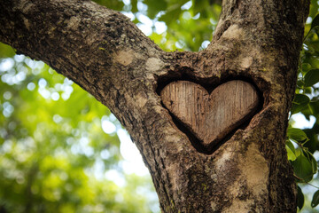 Obraz premium Heart shaped carving expressing love for nature in beautiful green forest