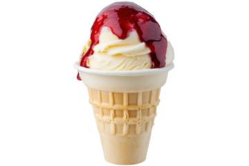 Vanilla ice cream cone with berry sauce on black background, cut out