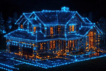 Modern home illuminated by blue and orange lights at night with a digital aesthetic showcasing a high-tech design