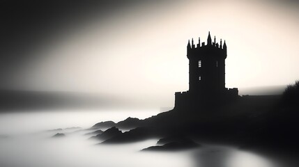 A dark silhouette of a castle over misty coastal waters