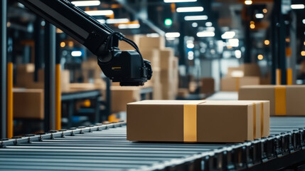 Obraz premium Robotics in action at a modern warehouse during the day with automated systems sorting packages
