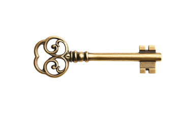 Antique brass skeleton key with ornate design on black background, cut out