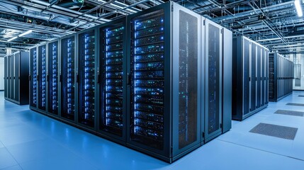 Modern data center with rows of illuminated black server racks and overhead cabling, representing advanced digital infrastructure. Great for cloud and tech themes