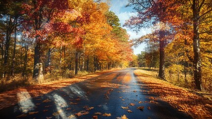 Obraz premium A picturesque autumn scene featuring a winding road surrounded by trees with vibrant orange, yellow, and red leaves. The ground is strewn with fallen leaves, and the sun filters through the foliage, c