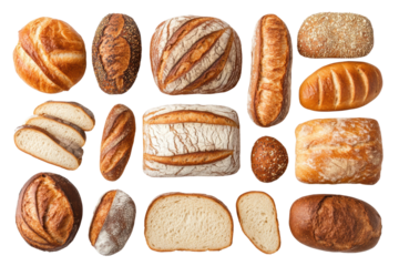 Assorted artisan breads with variety of textures and shapes on black background, cut out