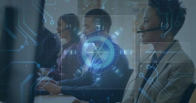 Customer service team using digital interface, collaborating in office environment