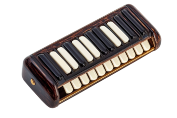 Vintage wooden melodica with black and white keys isolated on black, cut out