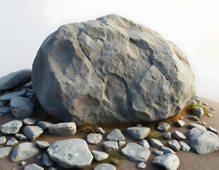 Solitary grey boulder with smaller stones, grass, and sandy terrain