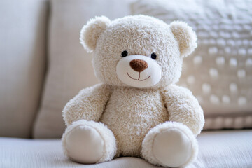 Obraz premium Smiling teddy bear sitting on comfortable sofa