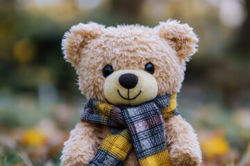 Smiling teddy bear wearing scarf in autumn park