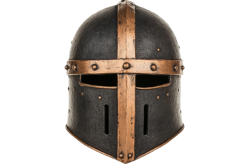 Medieval crusader helmet with aged metal cross and rivets on black background, cut out