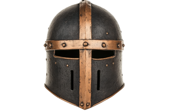 Medieval crusader helmet with aged metal cross and rivets on black background, cut out