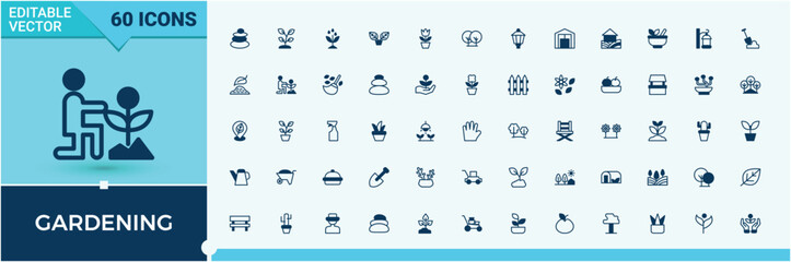Gardening vector line icon set. Pack of plant, ecology, garden, environment, leaf, nature and more. Planting icon set. Minimal icons set. Pixel perfect. Solid line editable stroke.