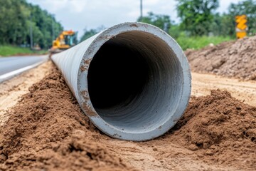 Large concrete pipe lies on sand near road, ready for installation in a trench.