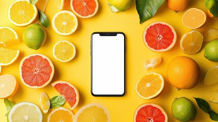 A smartphone surrounded by vibrant citrus fruits on a yellow background, perfect for fresh and bright marketing visuals.