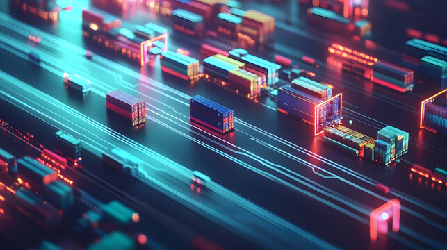 Abstract digital representation of data flow with neon light trails, concept of big data and artificial intelligence