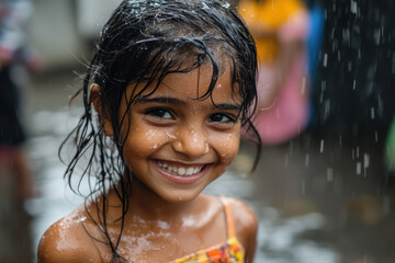 Smiling indian girl enjoying monsoon rain shower outdoors