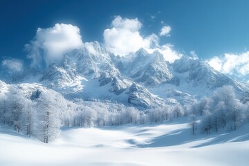Obraz premium Snow-covered mountains create a tranquil winter landscape in a serene alpine setting under a bright blue sky