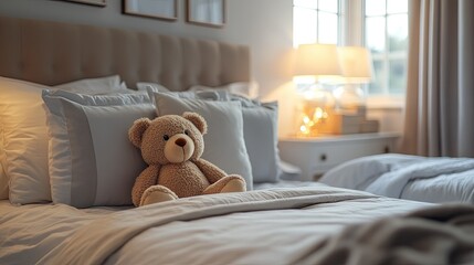 Cozy children's bedroom with twin beds, plush teddy bear, soft lighting, and neutral tones creating a serene and comfortable atmosphere.