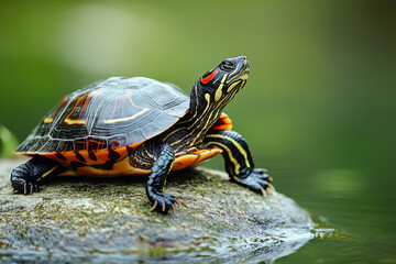 Obraz premium Painted turtle basking on rock in serene pond