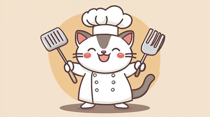 Cute cartoon cat chef smiling while holding a spatula and a turner, wearing a white chef's coat and hat