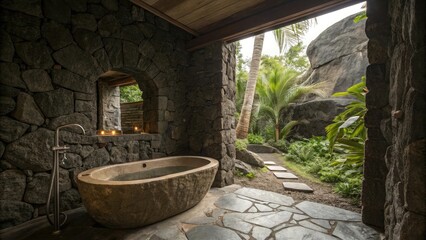 A unique and immersive bathroom built into dark natural stone, with a hand-carved rock tub, soft water trickling in the background, and an opening revealing a hidden tropical paradise.