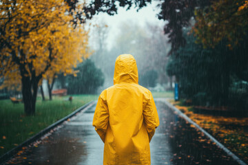 Person with yellow raincoat walking in a rainy autumn park