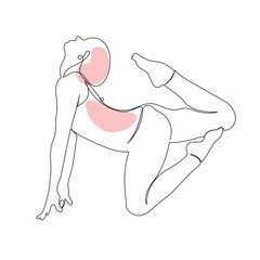 continuous line drawing of a young woman practicing yoga at home, yoga line art concept, stands in one-
legged king pigeon pose line art