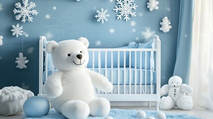 Pastel blue color newborn baby's bedroom with cozy crib, cute stuffed polar bear, white snowflake decor