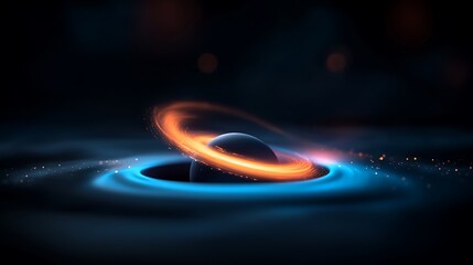 Abstract Space Concept: Glowing Planet with Rings in Dark Universe