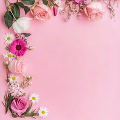 Flowers on a pink background, top view, flat lay, space for text, minimalistic, pastel colors, high-resolution, professional photograph, high-quality photo stock