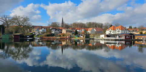 Fototapeta premium wonderful impressions of Malchin on the Baltic Sea with lake and reflections of the town