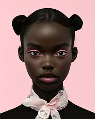 Studio shot featuring a young black model showcasing vibrant pink makeup and stylish clothing, striking a pose against a soft pink background, exuding elegance and glamour