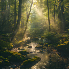 Tranquil Forest Morning: Whispering Stream Through Sunlit Trees in Mist