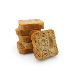 Whole wheat mini toasts, toasted slices of bread or rusks isolated on white background	