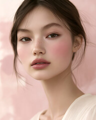Close-up portrait of a beautiful young Asian woman with flawless skin, showcasing a natural makeup look with subtle pink blush, highlighting her elegant features and radiating grace and femininity
