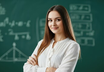 Confident woman standing in front of a chalkboard with math equations