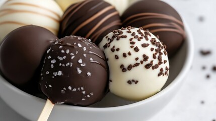 Assorted chocolate-covered cake pops in a bowl