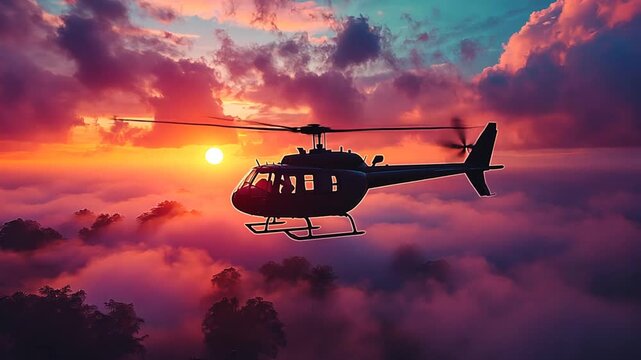 Helicopter flying above clouds at sunset over forest. Possible use Stock photo