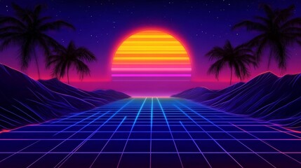 Naklejka premium Vibrant retro sunset over a futuristic landscape with palm trees and neon grid patterns