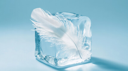 A single feather suspended inside a translucent ice block, set against a smooth pastel blue backdrop. The ice block has a polished glass-like surface with slight refractions, while the feather appea