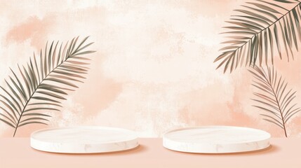 Obraz premium Pastel Display Podium with Tropical Leaves