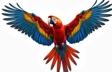 Fototapeta premium Colorful macaw parrot with vibrant plumage isolated on transparent background. Exotic tropical bird with outstretched wings. Red blue yellow feathers. Wildlife nature animal.