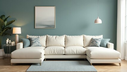 Fototapeta premium A cozy corner featuring a modern-shaped armchair, a decorative cushion, a side table with ceramics, and natural light streaming through the curtains. 