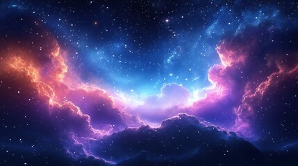 Obraz premium Vibrant Nebula Cloudscape Cosmic Fantasy Stellar Night Sky Purple Pink Orange Hues