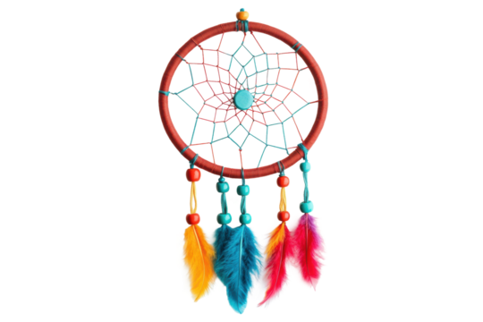 Colorful dreamcatcher with feathers and beads hanging on white background, cut out