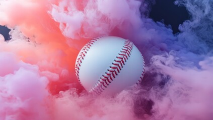 A white baseball with red stitching, surrounded by colorful smoke against a black background. The smoke is pink and purple, creating an atmosphere of excitement. 