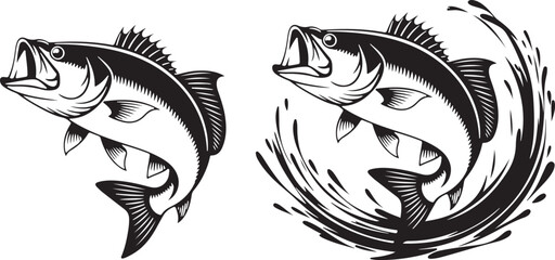 Jumping Bass Fish silhouette Black and White Illustration, Fishing Logo, Sport Fishing Clipart, vector